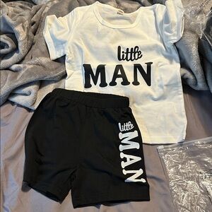White 'Little Man' Tee with Black Shorts Set